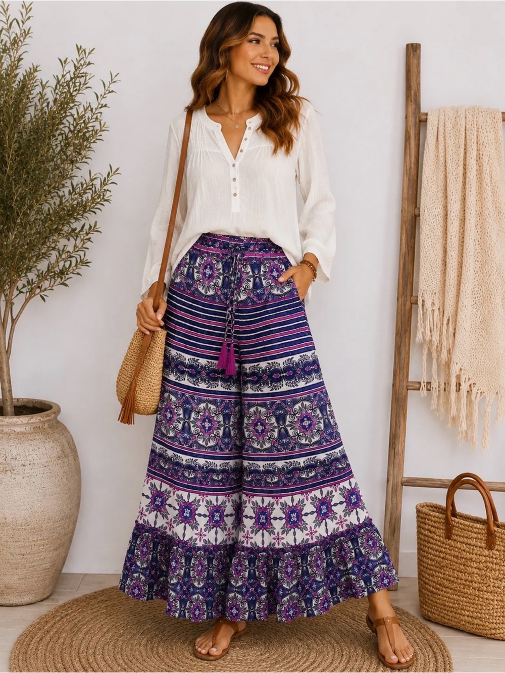 Purple Floral Wide-Leg Boho Pants — Women's Summer Palazzo